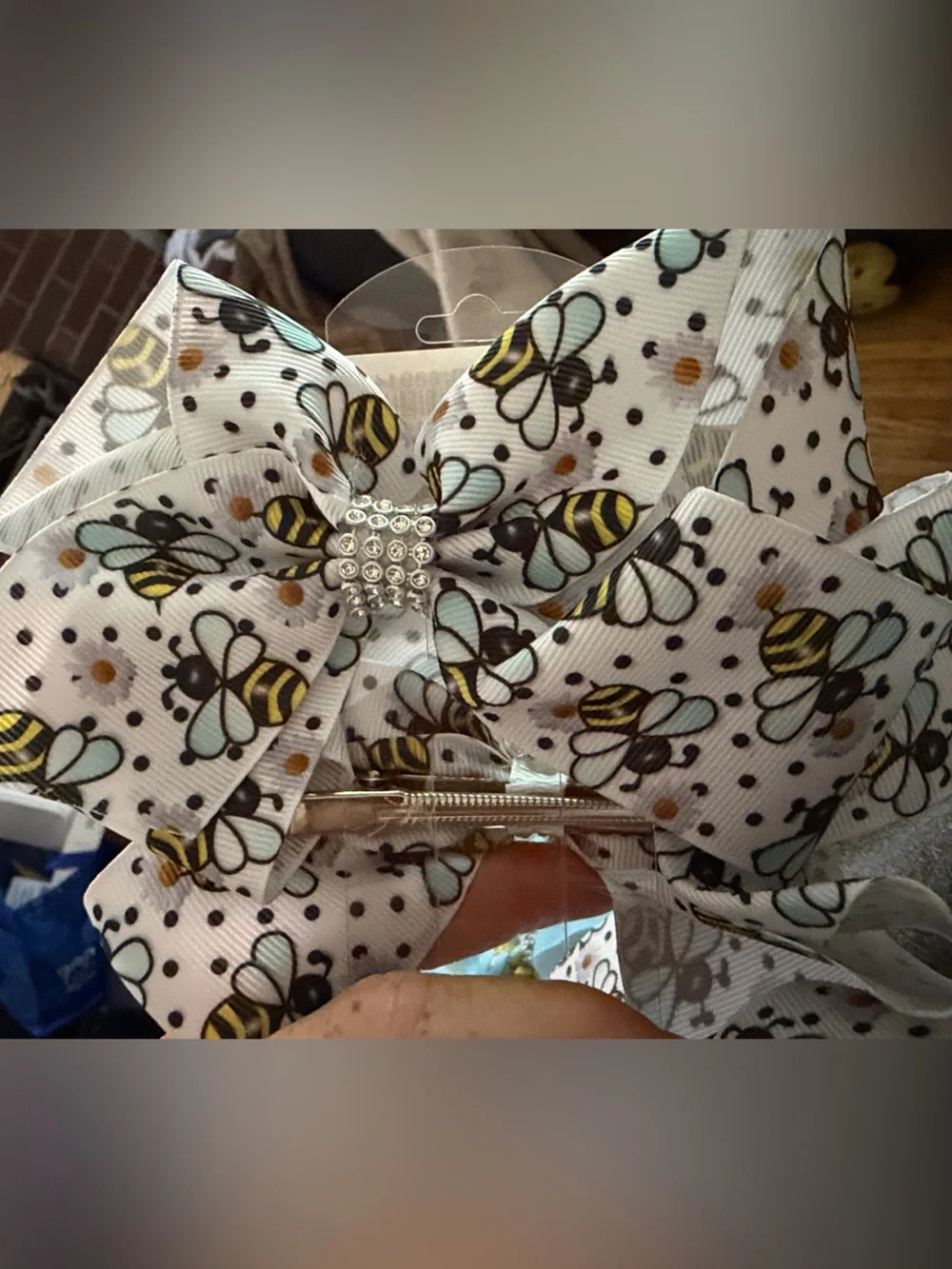Bee Print Hair Bow with Rhinestone Center - White, Yellow, Black, Mint